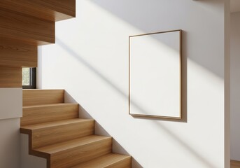 Wooden stairs and a blank frame on a bright white wall, bathed in sunlight.