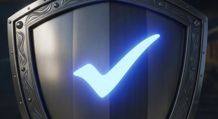 Illuminated Check Mark on Ornate Metal Shield, Dark Background