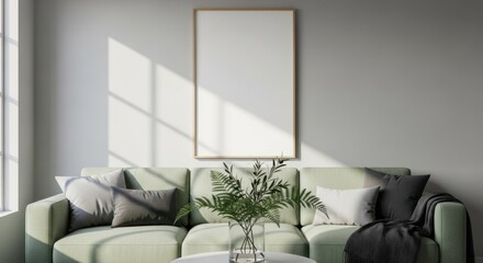 Modern living room with a green sofa and a blank canvas for art