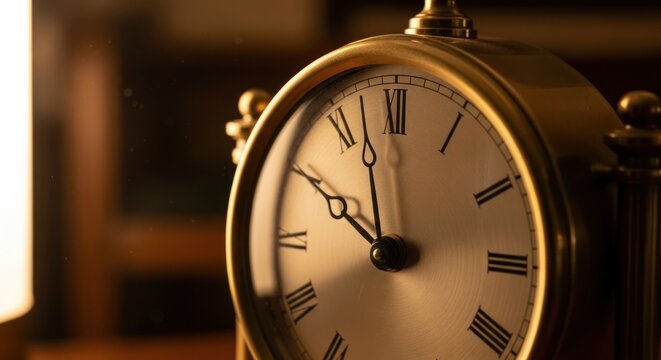 Close-up of a Vintage Gold Clock with Roman Numerals Displaying Ten O'Clock