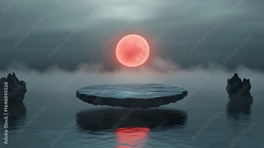 Poster a surreal landscape features a floating platform under a red orb