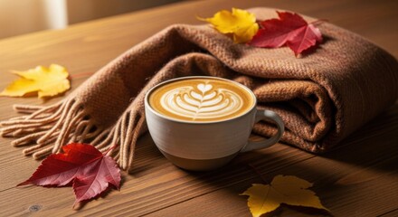 Cozy coffee with latte art and autumn leaves on wooden table image