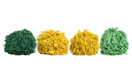 Vibrant cleaning tools, three colorful mops against a dark backdrop three