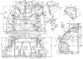 Fototapeta premium Crank case of clutch of car. Engineering automotive mechanical drawing of steel device. Industrial cad scheme on white paper sheet. Technology design of machine building industry. Machined template