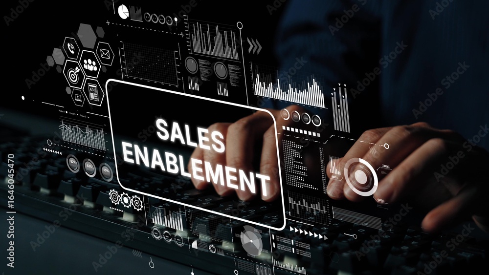 Poster digital interface showing sales enablement strategy with data visualization and analytics. asymptoti