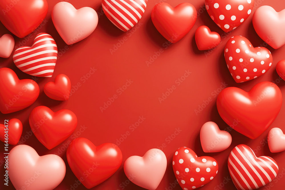 Poster a collection of red and pink hearts with various patterns arranged in a circular frame on a red back