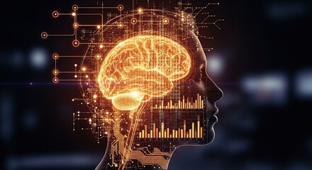 Abstract digital human head with glowing brain and data streams