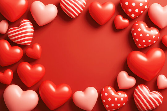 A collection of red and pink hearts with various patterns arranged in a circular frame on a red background