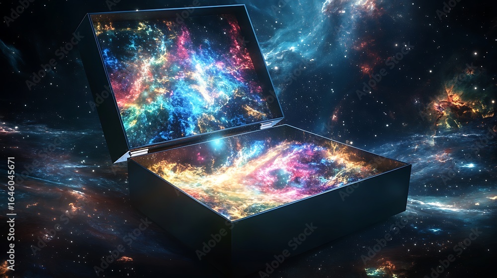 Poster a box displays a colorful depiction of the universe above and inside