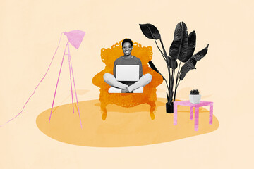 Exclusive sketch art collage of happy girl guy sit armchair flower pot indoor room interior lamp...