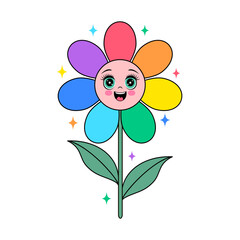 Rainbow flower with a happy face, stem, and leaves, surrounded by stars.