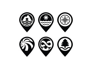 Travel location pin icons set with nature and adventure symbols