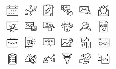 24 Business and Marketing Line Icons Analytics, SEO, Email Marketing, Digital Advertising, Sales, Finance, Data Security, Strategy, and Web Development Vector Icon Set