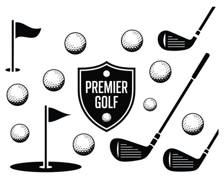 Golf sport equipment icon set vector illustration. Collection of black and white golf club, ball, and flag design elements