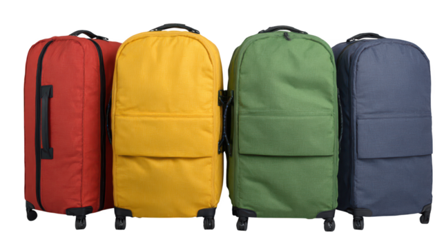 Four vibrant luggage bags packed and ready for exciting travel adventures four