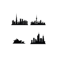 World city skyline silhouette isolated on white background featuring dubai, shanghai, sydney and chicago for travel, tourism, architecture and business
