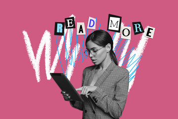Banner art collage of person use gadget with read more advert on pink color background