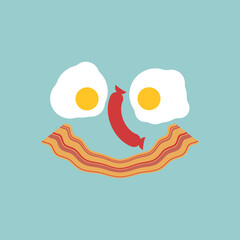 Smiling breakfast made from fried eggs and bacon, representing morning happiness, positive mood, and comfort food. Great for cafe, cooking, and healthy lifestyle themes.