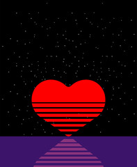 Red heart setting over water with striped horizon, symbolizing romance, love endings, or peaceful emotional closure.