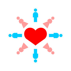 male and female icons pointing toward a red heart, symbolizing unity, teamwork, and love connection.