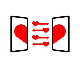 Two smartphones with halves of a heart, symbolizing online love, long-distance relationships, and digital romance.