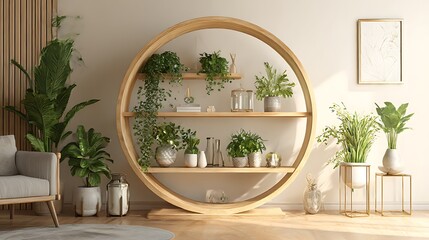 Interior of a modern living room with a wooden circle shelf filled with plants, a gray chair, and a picture frame on the wall, creating a cozy ambiance