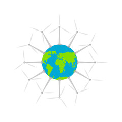 Planet Earth with wind turbines, symbolizing renewable energy, eco-friendly technology, and sustainable environmental solutions.