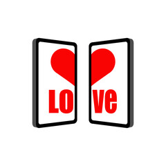 Two smartphones with halves of a heart, symbolizing online love, long-distance relationships, and digital romance.