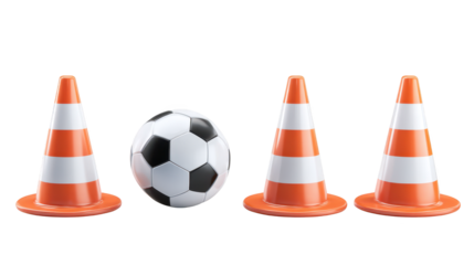 Soccer ball and cones setup, a vibrant image of sports training gameplay preparation