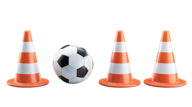 Soccer ball and cones setup, a vibrant image of sports training gameplay preparation