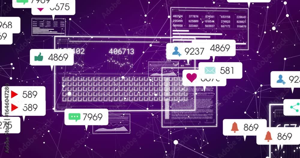 Poster wireframe panels fading in showing data attracting swirling icons updating fading showing growth