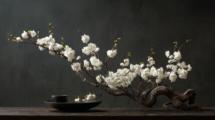 A dramatic still life of a blooming cherry blossom branch with a tea set on a dark background