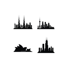 Fototapeta premium World city skyline silhouette isolated on white background featuring dubai, shanghai, sydney and chicago for travel, tourism, architecture and business