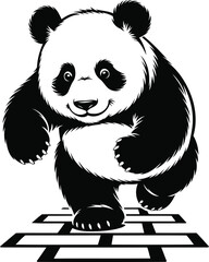 Obraz premium Panda Playing Hopscotch, Black Silhouette Vector, Transparent Background.