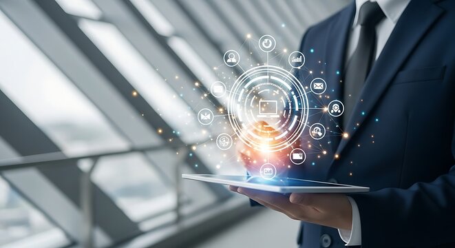 Businessman holding a tablet with a glowing digital network interface and icons representing various services - Powered by Adobe