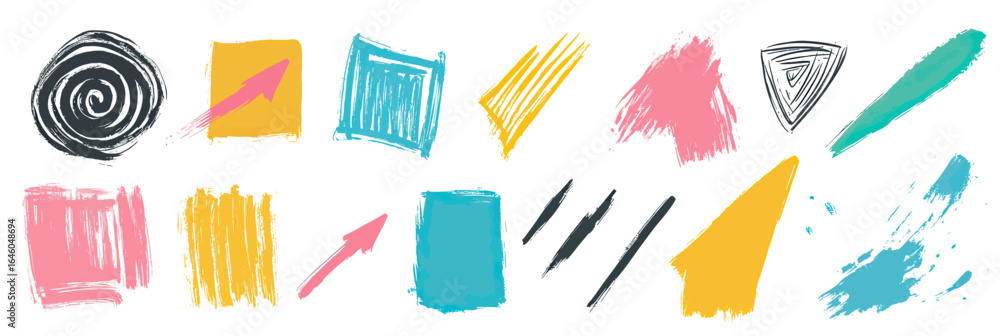 Poster Abstract colorful brush stroke vector set with spiral, square, arrow and scribble elements in crayon and chalk style design for creative projects and backgrounds