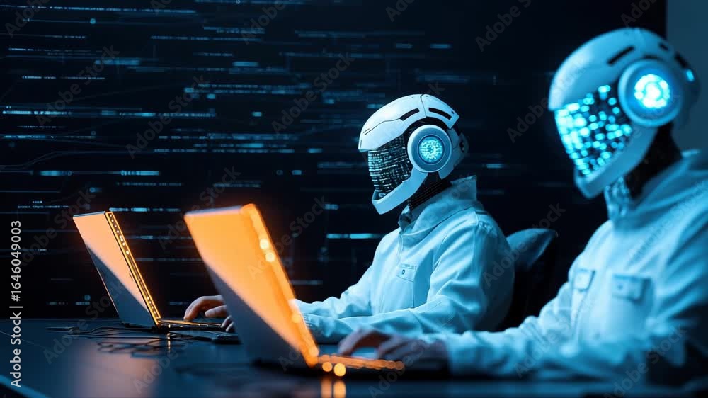 Poster futuristic robot artificial intelligence technology computer digital cyber innovation workspace and 