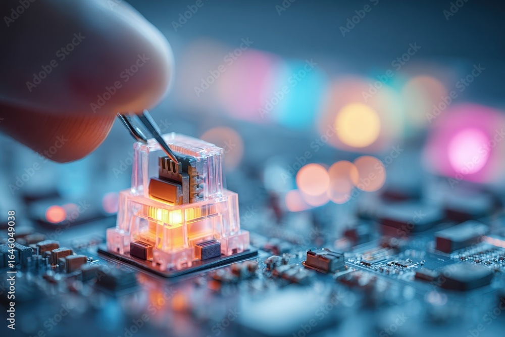 Poster close up on microchip being placed on motherboard with tweezers, emphasizing precision, high technol