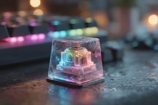 Close-up of a decorative keycap featuring an intricate pixel art design encased in resin, glowing with vibrant colors, placed beside a modern gaming keyboard.