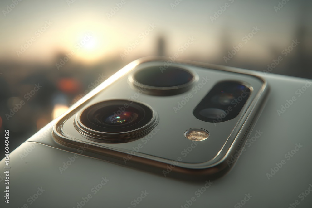 Poster a macro shot of a modern smartphone camera setup featuring multiple lenses, showcasing high-tech des