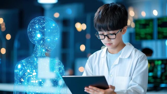 Young boy scientist laboratory interacts with digital artificial intelligence hologram, futuristic technology innovation