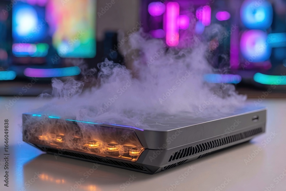 Poster advanced high-performance computer with intricate internal lighting, enveloped in ethereal mist, sho