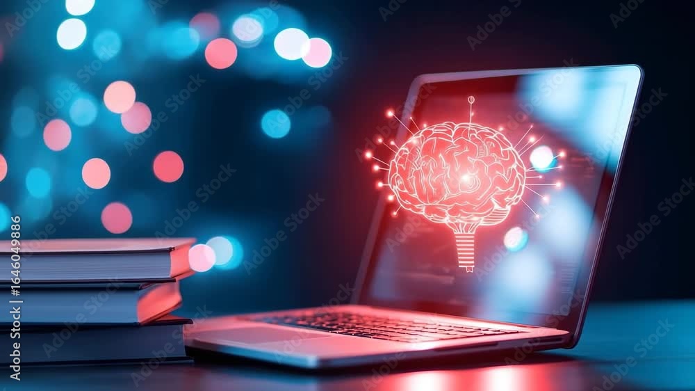 Poster artificial intelligence brain technology laptop digital innovation futuristic glowing creative learn