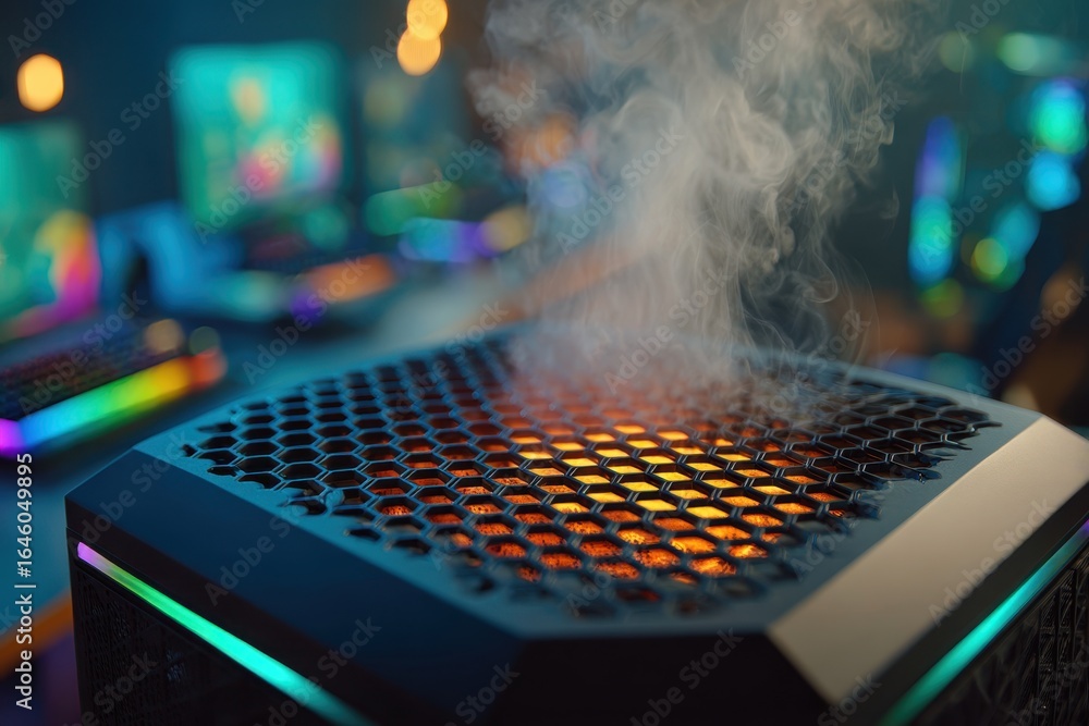 Poster close-up of a steaming gaming computer with illuminated interior and glowing components, against a b