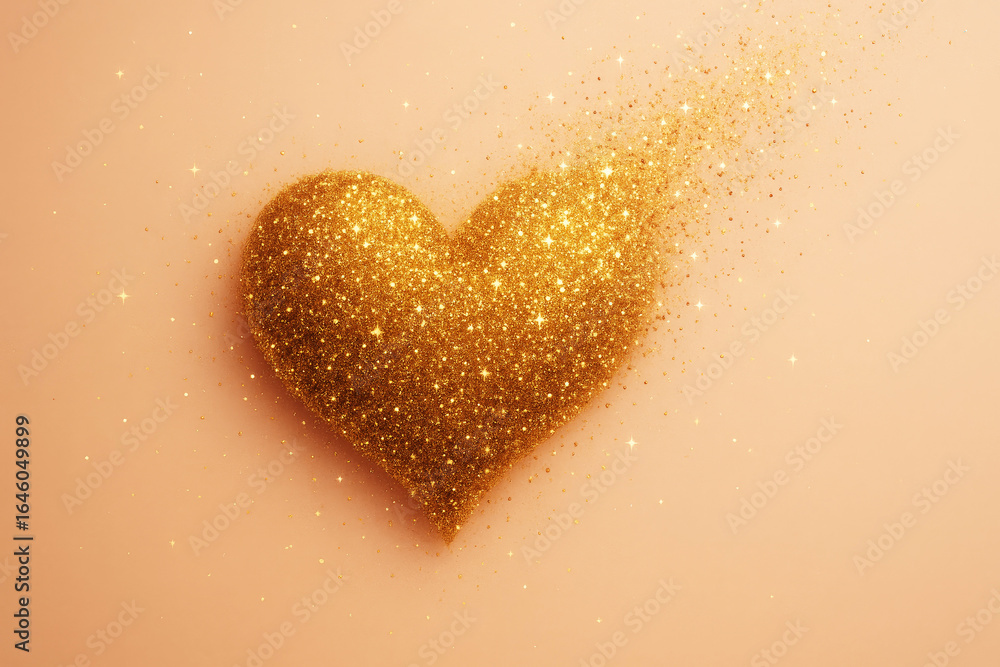 Poster golden glitter heart dissolving into sparkling particles on a soft peach background
