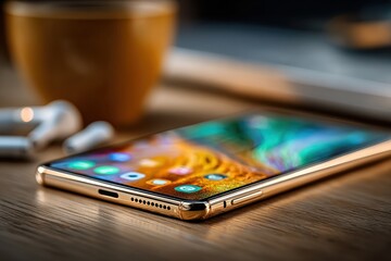 Close-up of a gold smartphone on a wooden table with a coffee cup and earbuds, depicting modern lifestyle, connectivity, and personal productivity in a digital world.