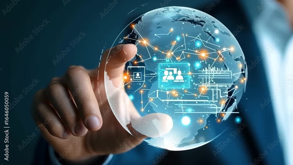 Poster futuristic technology digital network globe innovation connection business communication data hand v