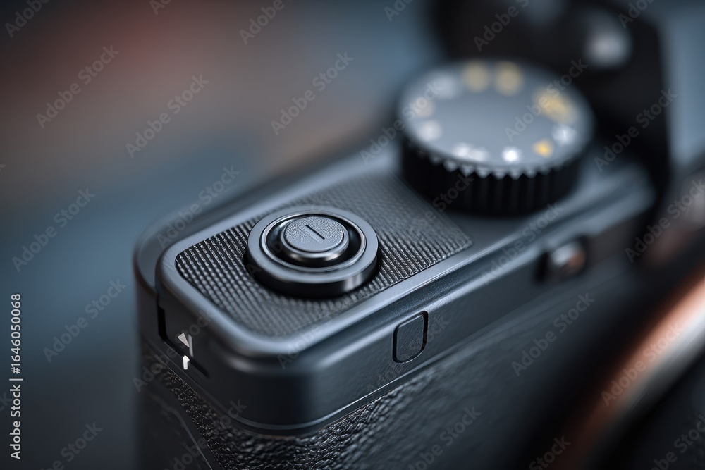 Poster close-up shot showcasing the intricate details of a modern black digital camera, highlighting the te