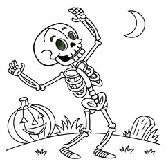 Dancing Skeleton Halloween Coloring Page black and white vector illustration
