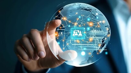 Futuristic technology digital network globe innovation connection business communication data hand virtual interface internet - Powered by Adobe